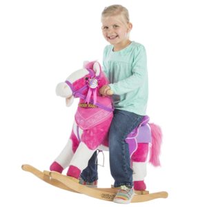 Rockin' Rider pink plush rocking horse for toddler & older girls with neigh gallop sounds and movement