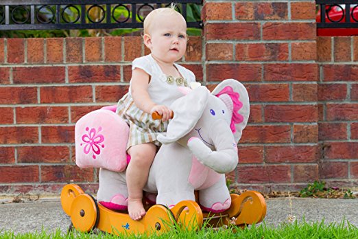 Luckyermore Child Rocking Horse Plush Elephant Toy w/Wheels Wooden Ride Toddler 