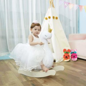 Adorable Labebe white plush rocking swan ride on toy for babies and toddlers