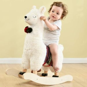 Cute Baby is riding the soft and hug-gable rocking horse Llama with a cute friendly face